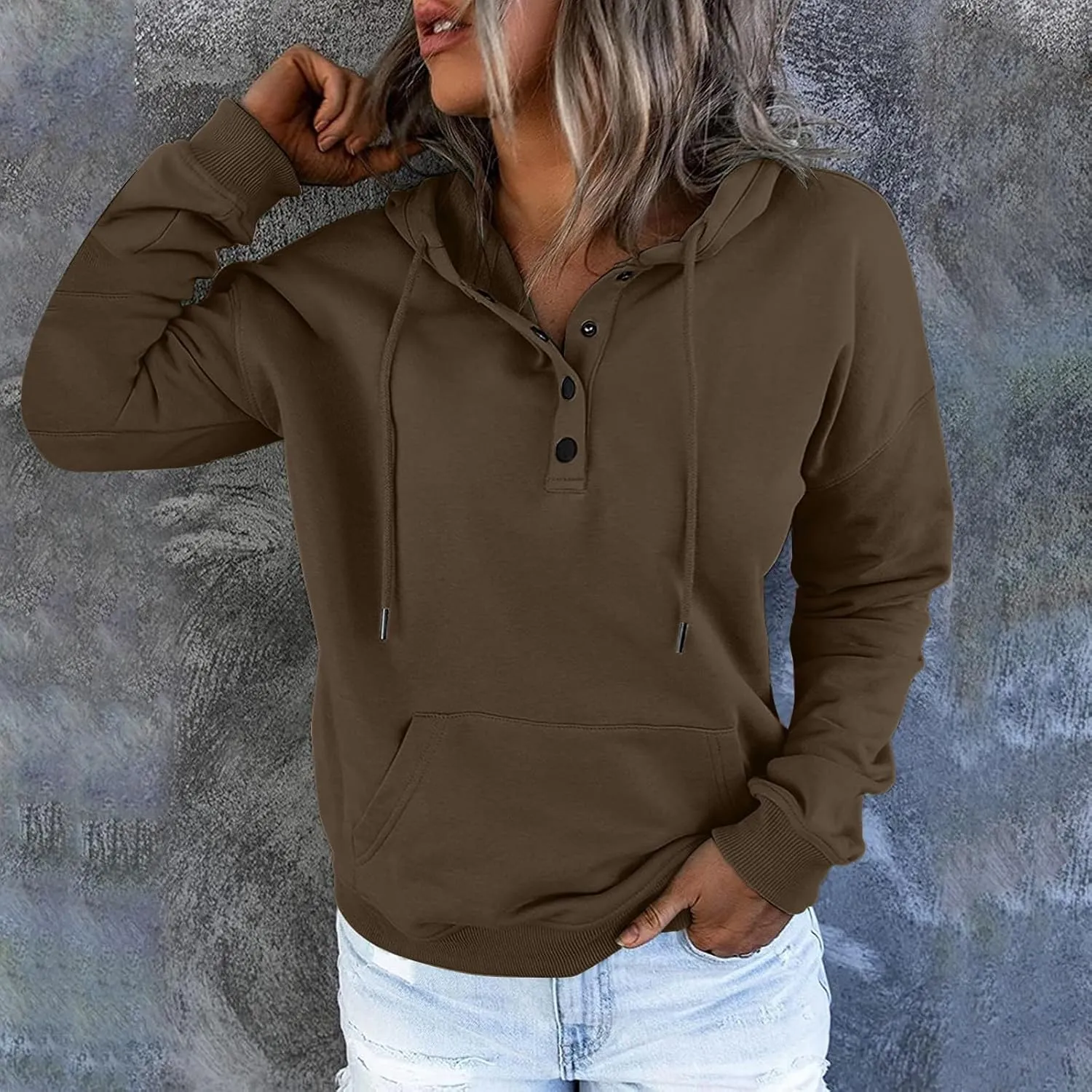 Womens Hoodies Pullover Casual Long Sleeve Button Down Drawstring Hooded Sweatshirts with Pocket Trendy Fall Shirts