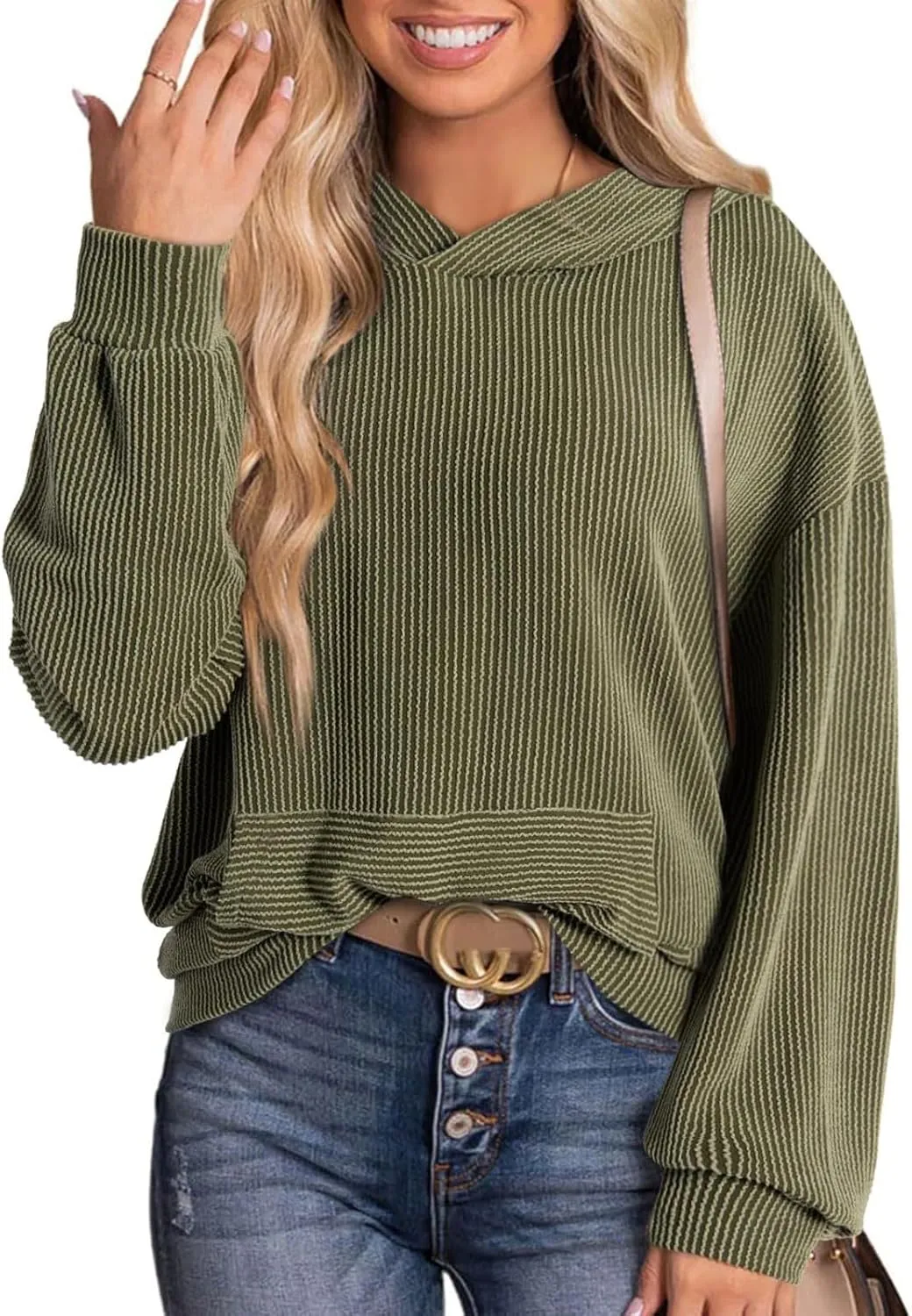 Womens Hoodies Y2k Loose Pullover Casual Long Sleeve Shirts Trendy Ribbed Knit Cute Fall Tunic Hoodies with Pocket