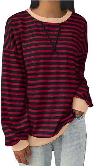 Womens Oversized Sweatshirt Long Sleeve Striped Sweatshirts Loose Fit Pullover Top Fashion Y2k Clothes Fall Outfits