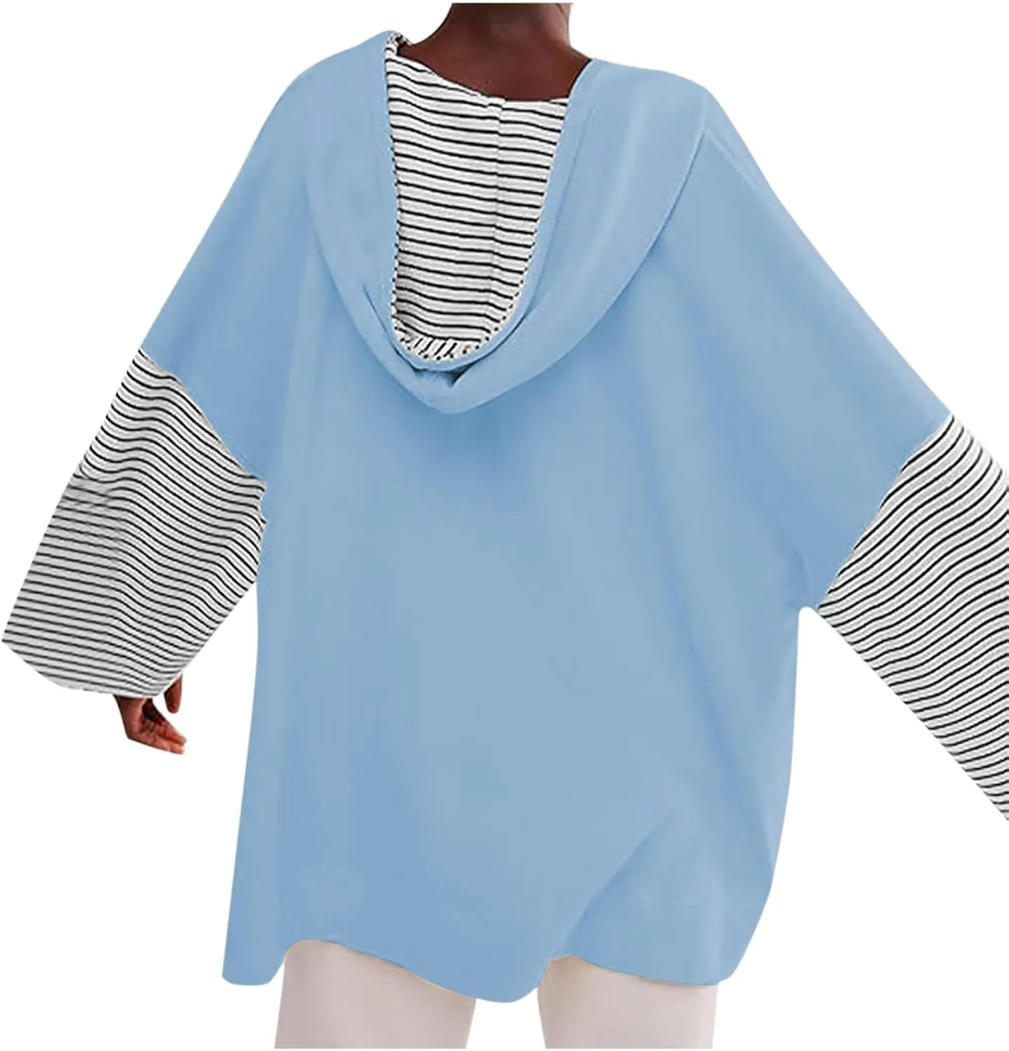 Womens Oversized Sweatshirt Striped Color Block Hoodies Drawstring Casual V Neck Long Sleeve Pullover Tops