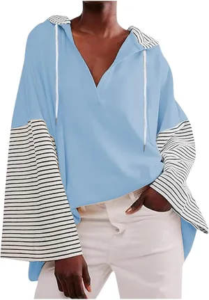 Womens Oversized Sweatshirt Striped Color Block Hoodies Drawstring Casual V Neck Long Sleeve Pullover Tops