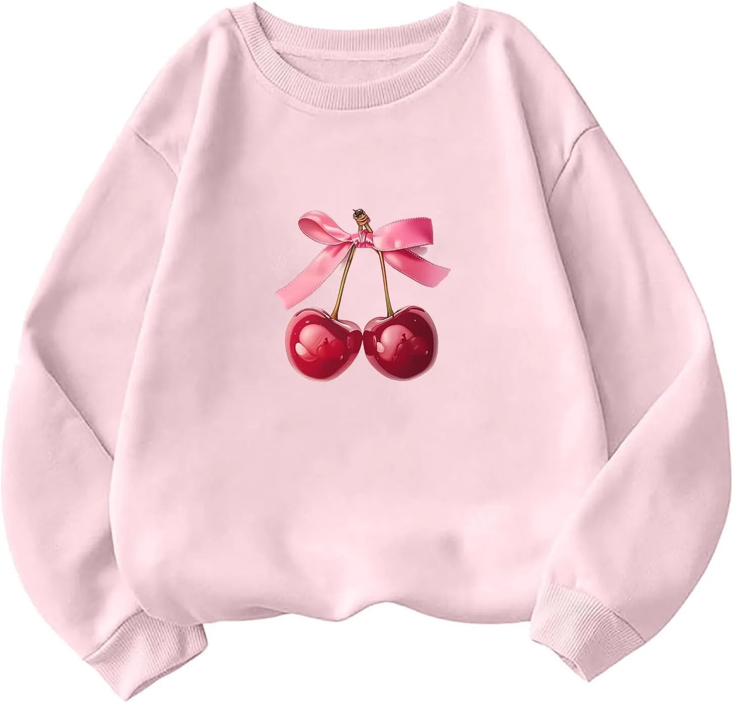 Womens Oversized Sweatshirts Casual Crewneck Long Sleeve Shirts Bow Cherry Printed Outfits Fall Comfy Clothes