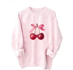 Womens Oversized Sweatshirts Casual Crewneck Long Sleeve Shirts Bow Cherry Printed Outfits Fall Comfy Clothes
