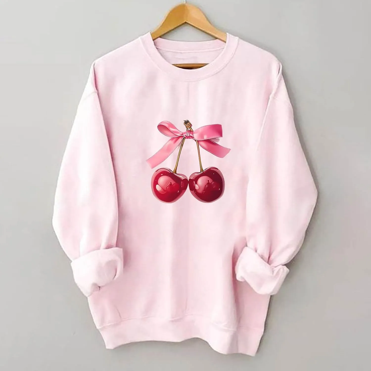 Womens Oversized Sweatshirts Casual Crewneck Long Sleeve Shirts Bow Cherry Printed Outfits Fall Comfy Clothes