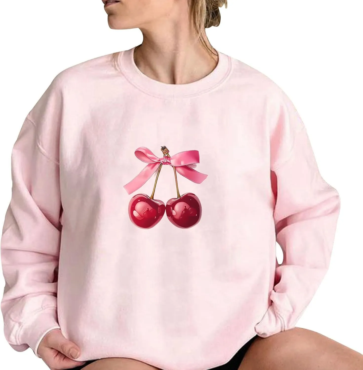 Womens Oversized Sweatshirts Casual Crewneck Long Sleeve Shirts Bow Cherry Printed Outfits Fall Comfy Clothes