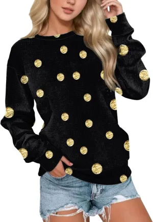 Womens Polka Dot Sweatshirt Crewneck Pullover Oversized Sweatshirts Stylish Casual Sweat Shirt Loose Fit Fall