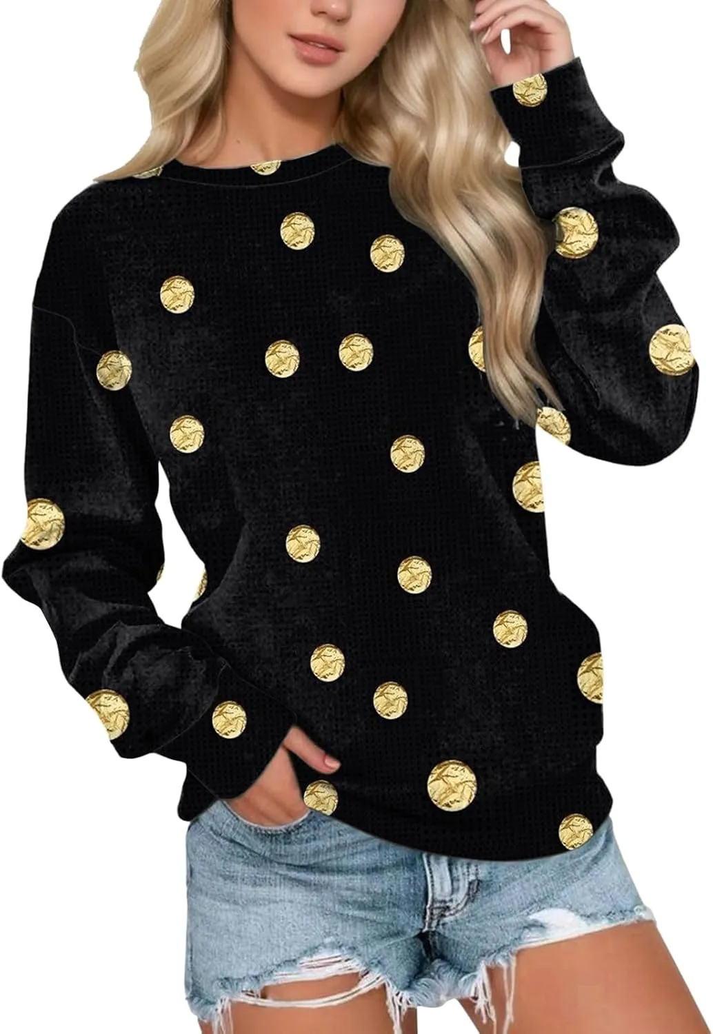 Womens Polka Dot Sweatshirt Crewneck Pullover Oversized Sweatshirts Stylish Casual Sweat Shirt Loose Fit Fall