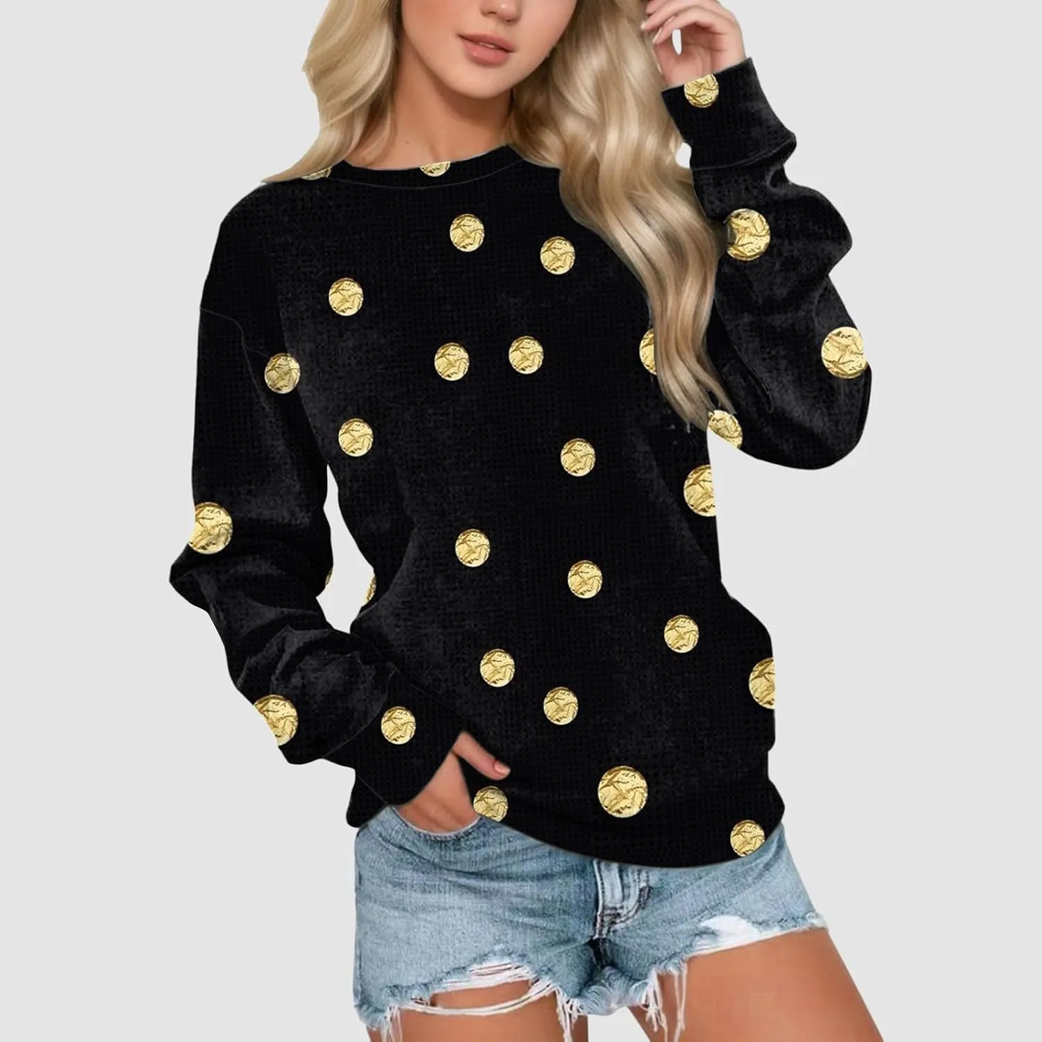 Womens Polka Dot Sweatshirt Crewneck Pullover Oversized Sweatshirts Stylish Casual Sweat Shirt Loose Fit Fall