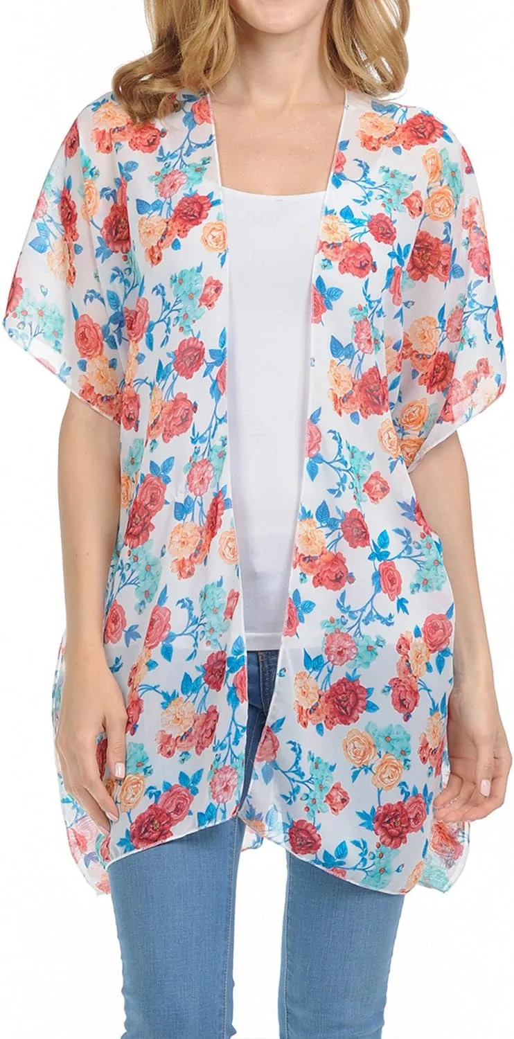Women's Summer Floral Chiffon Vest Cardigan - Boho Kimono Cover Up for Beach Essentials and Stylish Sundresses (One Size, Cardigan # Rose Ivory)