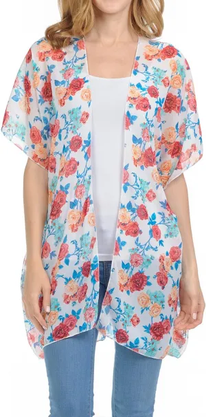 Women's Summer Floral Chiffon Vest Cardigan - Boho Kimono Cover Up for Beach Essentials and Stylish Sundresses (One Size, Cardigan # Rose Ivory)
