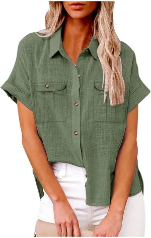 Womens V Neck Short Sleeve Button Down Shirts Trendy Casual Business Basic Tees Daily Going Out Ladies Summer Tops