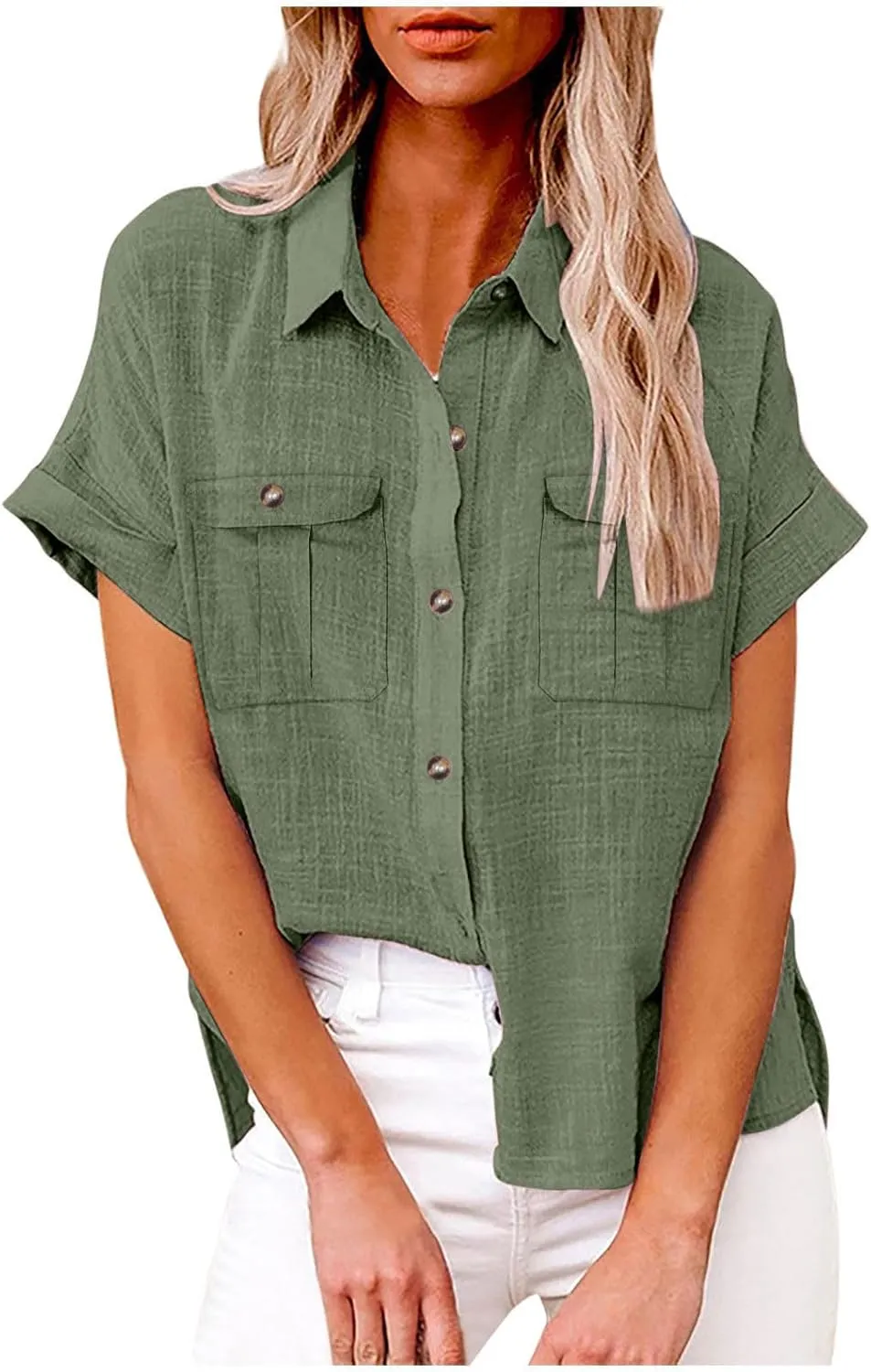 Womens V Neck Short Sleeve Button Down Shirts Trendy Casual Business Basic Tees Daily Going Out Ladies Summer Tops