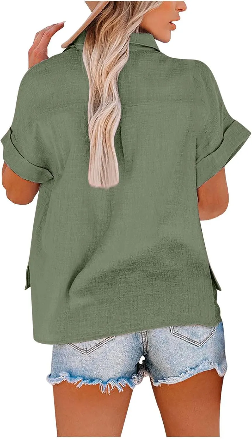 Womens V Neck Short Sleeve Button Down Shirts Trendy Casual Business Basic Tees Daily Going Out Ladies Summer Tops