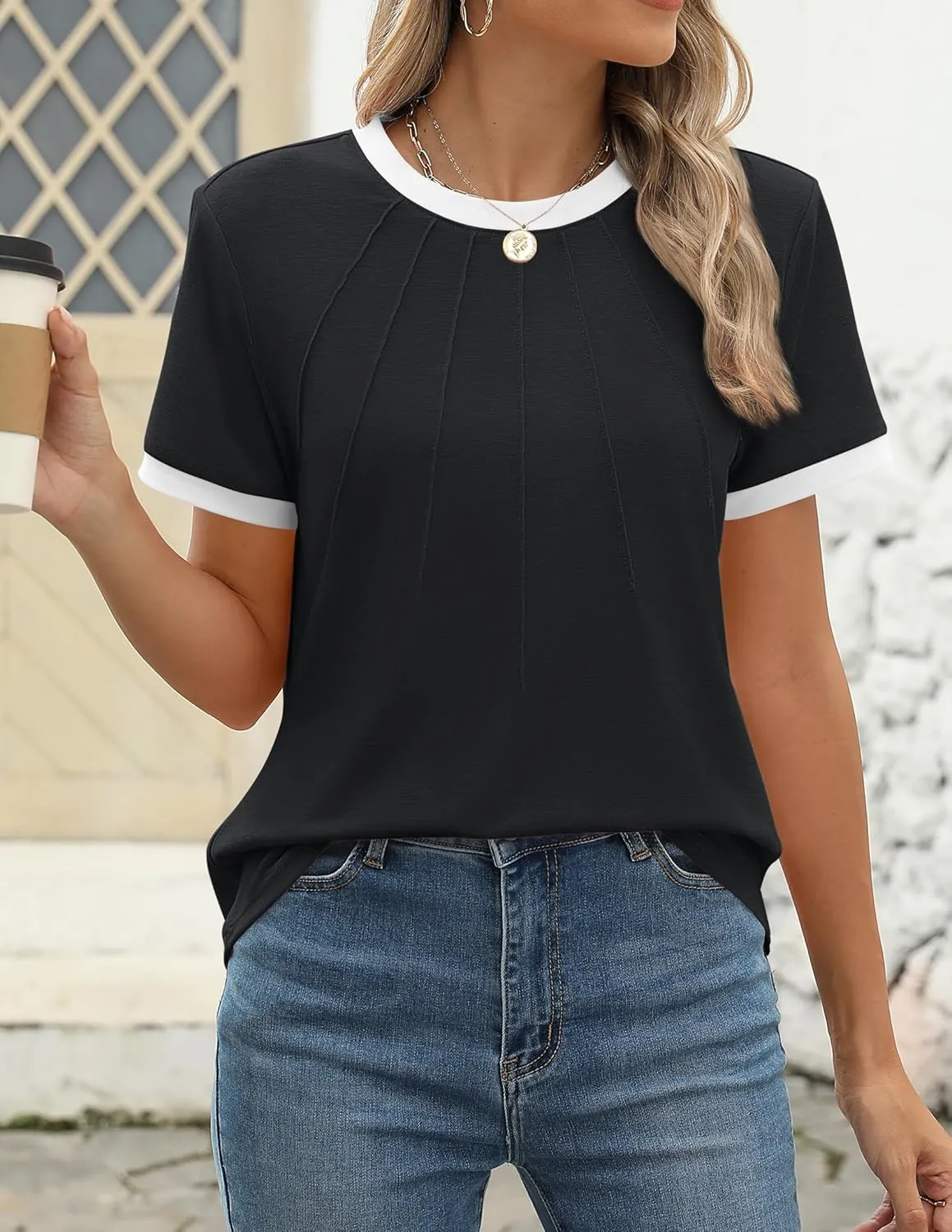 ZESICA Women's Casual Short Sleeve Trendy Shirts 2025 Summer Dressy Crewneck Color Block Tops