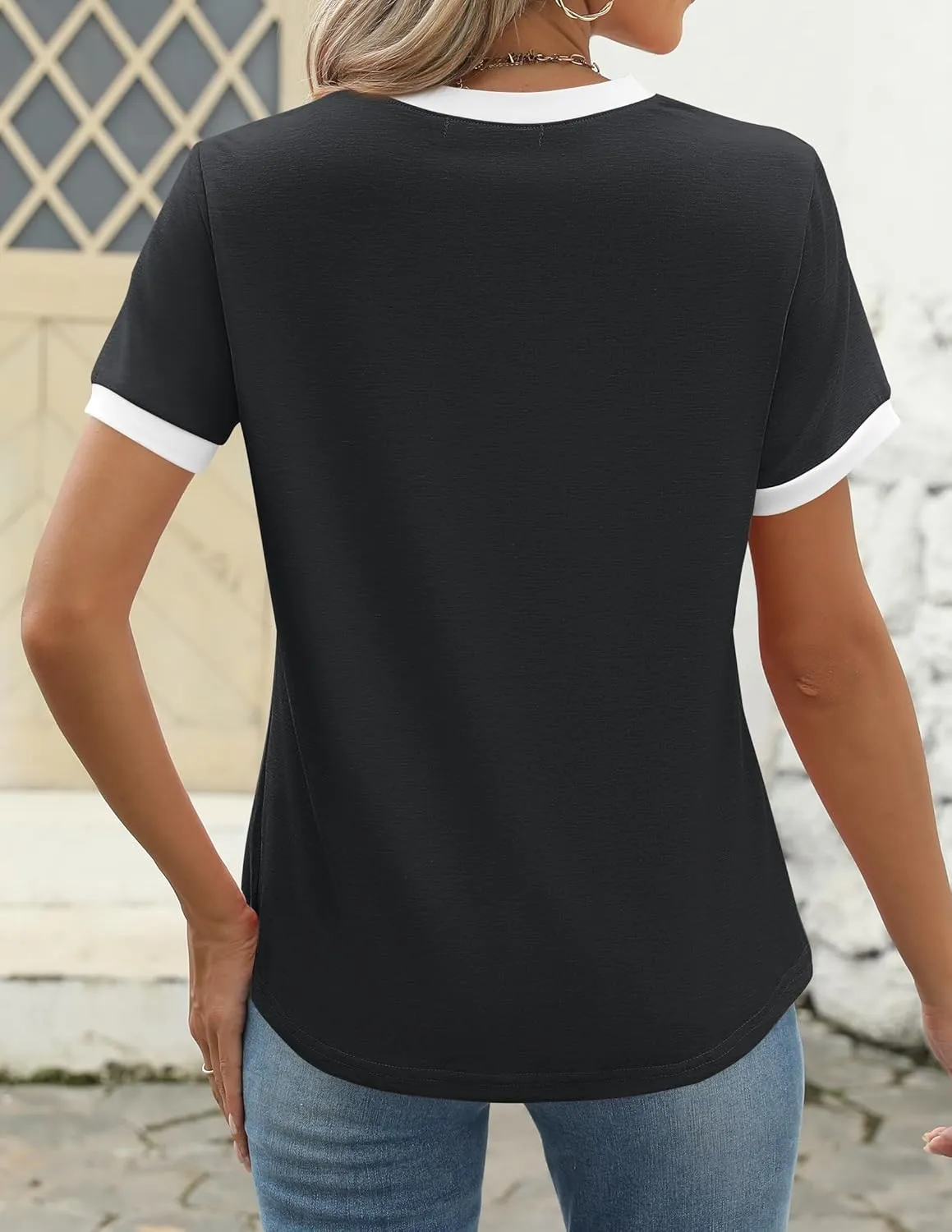 ZESICA Women's Casual Short Sleeve Trendy Shirts 2025 Summer Dressy Crewneck Color Block Tops