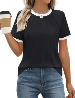 ZESICA Women's Casual Short Sleeve Trendy Shirts 2025 Summer Dressy Crewneck Color Block Tops