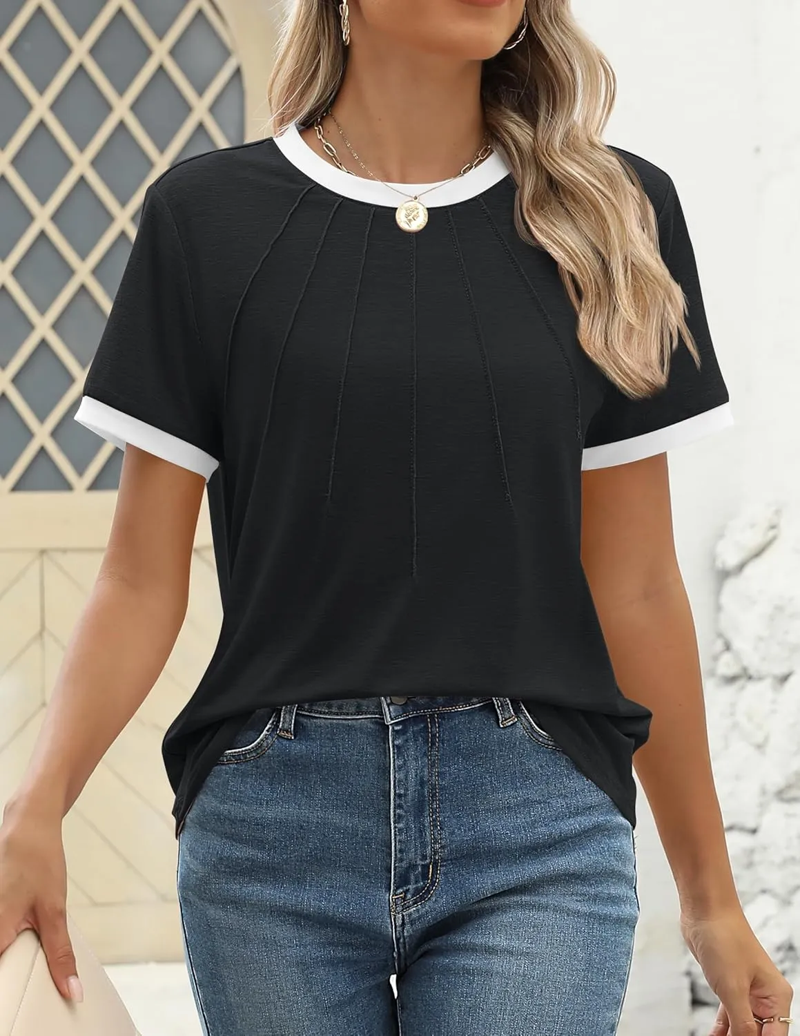 ZESICA Women's Casual Short Sleeve Trendy Shirts 2025 Summer Dressy Crewneck Color Block Tops